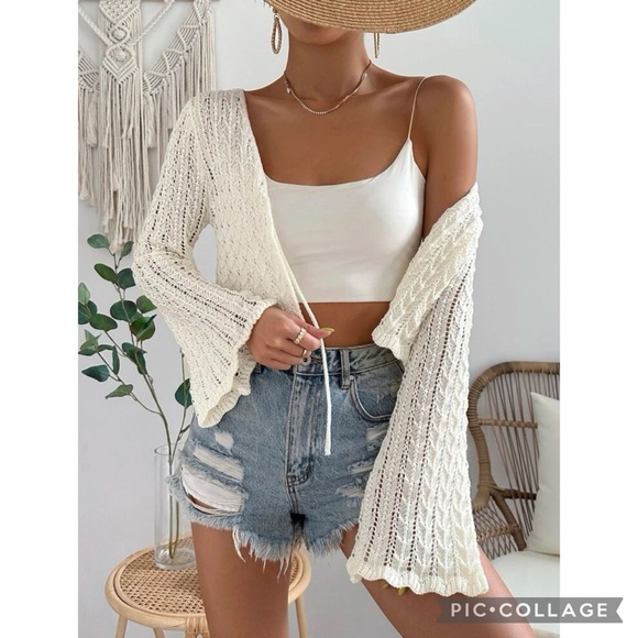 Cottagecore Cream Cropped Open Knit Bell Sleeve Front Tie Cardigan - Picture 4 of 7